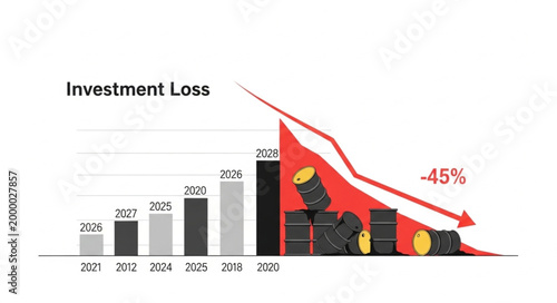 Investment Loss Chart Showing Decline and Falling Oil Barrels.