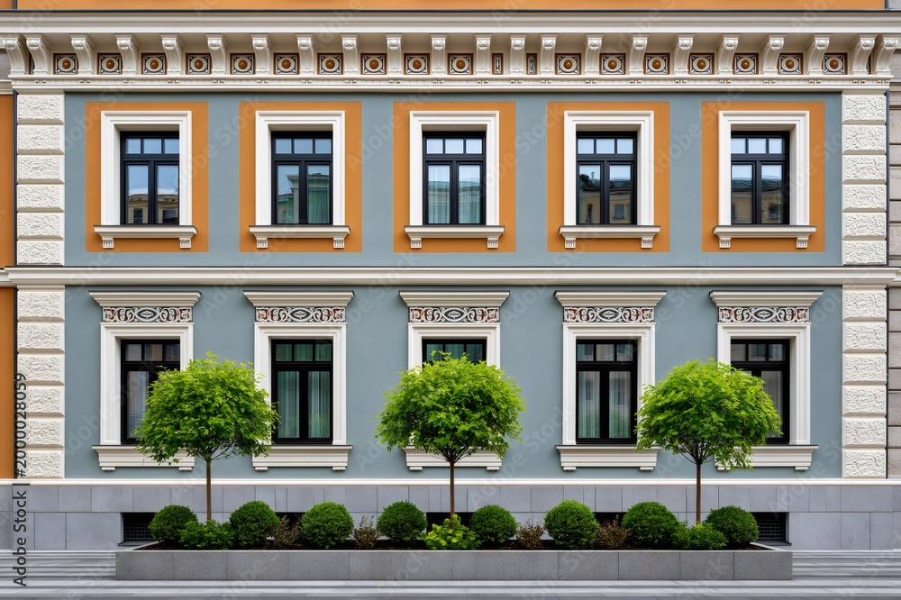Fototapeta premium Building facade with decorative architectural elements and green trees