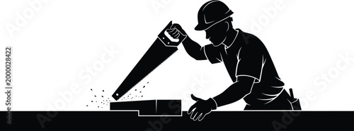 Carpenter sawing wood plank silhouette construction worker cutting timber with hand saw vector illustration isolated on white background