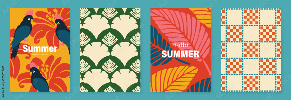 Fototapeta premium Summer tropical poster vector set. Colorful jungle bird background with hibiscus flowers, palm leaves, checker pattern and retro vacation design.