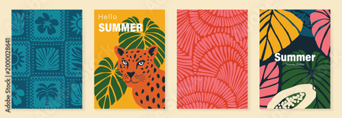 Summer tropical poster vector set. Colorful jungle background with leopard, monstera leaves, papaya fruit and retro floral tile pattern for travel and vacation design.