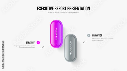 Marketing Campaign 2 Option Diagram Slide Design. Project Report Slideshow Template Vector Illustration. Corporate Portfolio Two Step Infographic Frame Layout.