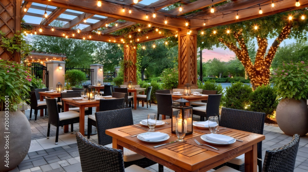 Fototapeta premium Outdoor restaurant patio at evening with string lights