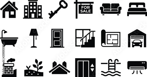 Real Estate and Property Management Icon Set, Housing and Architecture Vector Symbols, Minimalist Black Silhouettes for Home Sale, Interior Features, Blueprint, and Residential Amenities Collection
