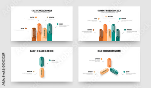 Advertising Report Four Five Two Three Element Diagram Slideshow Template Vector Illustration Set. Visual Review 4 5 2 3 Option Infographic Presentation Layout Collection.