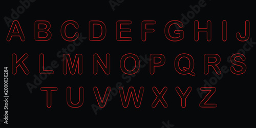 Red glass font alphabet set, glowing outline neon letters on black background, futuristic glossy typography, modern creative uppercase character design.