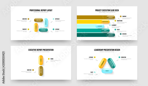 Visual Profile 4 5 2 3 Option Infographic Slideshow Template Bundle. Service Analysis Four Five Two Three Step Diagram Presentation Layout Vector Illustration Set.