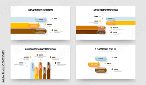 Company Briefing 3 4 5 Step Infographic Slideshow Layout Set. Enterprise Review Three Four Five Option Diagram Slide Design Vector Illustration Bundle.