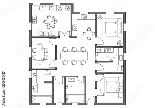 Architectural floor plan rendering showcasing a well designed residential layout with multiple rooms including bedrooms living areas dining spaces and bathrooms providing a clear visual