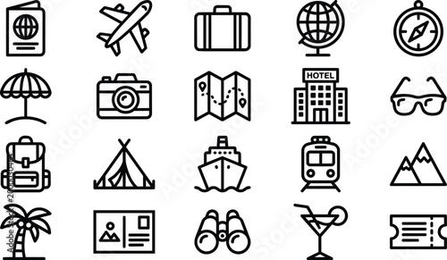 Travel and Adventure Icon Set, Tourism and Outdoor Exploration Vector Symbols, Minimalist Black Silhouettes for Vacation Planning, Camping, Hiking, Global Flight and Summer Trip Collection
