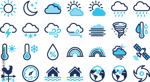 Weather Forecasting and Meteorology Icon Set, Climate and Environmental Vector Symbols, Duo-tone Blue Icons for Sun, Rain, Storm, Tornado, Satellite, and Global Warming Collection