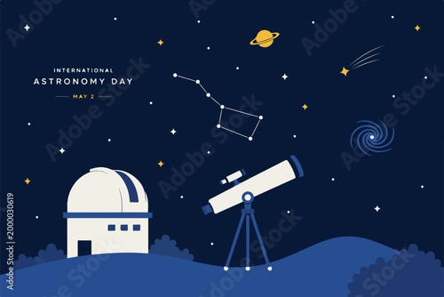 International Astronomy Day Illustration with Telescope, Observatory, and Night Sky Constellation Background