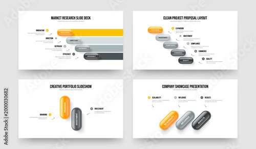 Visual Campaign Four Five Two Three Step Diagram Slideshow Layout Vector Illustration Set. Company Insight 4 5 2 3 Option Infographic Slide Template Collection.