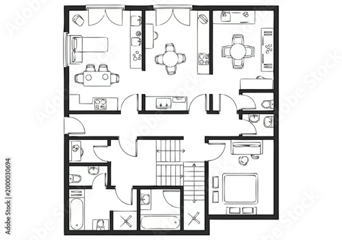 Architectural Drawing of a Dwelling Layout Showing Floor Plan with Rooms Staircase Kitchen Bathrooms Bedrooms and Living Areas for Real Estate Development and Home Design Planning Concepts