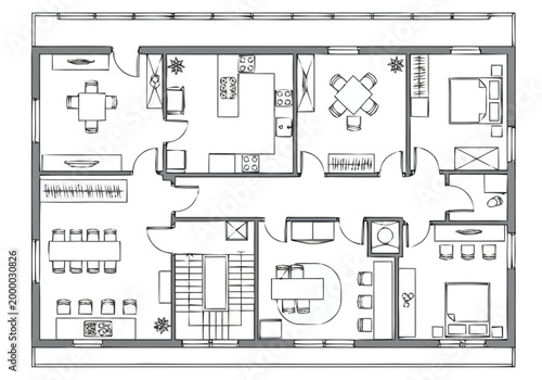 Architectural blueprint displaying a detailed floor plan layout for a residential dwelling featuring multiple rooms including living spaces kitchen bedrooms and bathrooms with furniture