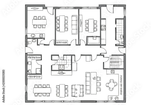 Architectural Blueprint Showing Floor Plan Layout With Rooms Offices Kitchenettes Dining Areas Reception And Restroom Facilities For Commercial Real Estate Development And Property Design