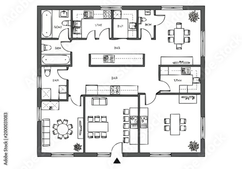 Detailed architectural floor plan drawing showing layout of spacious residential property with multiple rooms living areas dining spaces kitchens and bathrooms for real estate development