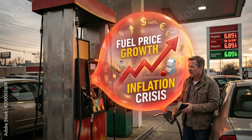 A conceptual infographic showing fuel price growth and inflation crisis at a gas station