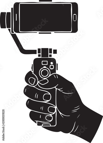 Smartphone gimbal stabilizer silhouette with hand grip black and white isolated vector