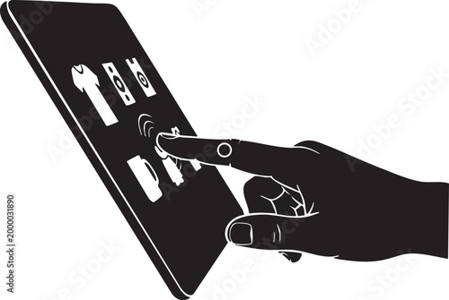 Smartphone interface with payment icons and hand touching screen black silhouette high quality