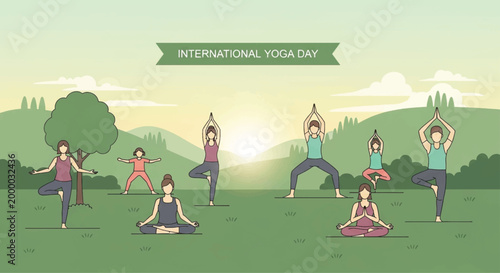 yoga, international yoga day, people practicing yoga, outdoor yoga, green landscape