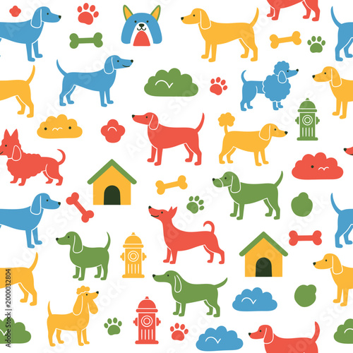 Colorful Pixel Art Dog Seamless Pattern with Bones and Pet Accessories