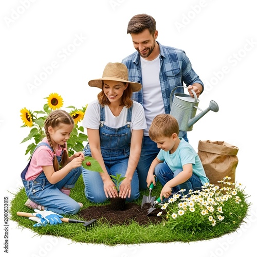Family gardening together in backyard garden