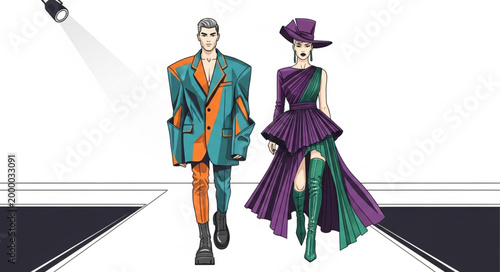 Fashion models showcasing avant-garde outfits on a runway under a spotlight.