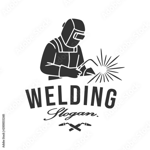 Vintage Welder Character Logo with Protective Mask and Spark for Industrial Metal Construction and Fabrication Service Vector Illustration