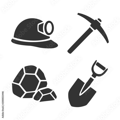 Set of Industrial Mining Equipment Icons with Hard Hat Pickaxe Shovel and Gold Nuggets Silhouette for Coal Mining and Quarry Industry Branding Logo Vector Icon Illustration