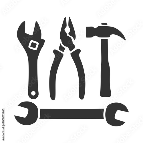 Set Of Hand Tool Silhouettes with Adjustable Wrench Pliers and Hammer for Workshop Hardware and Repair Service Branding Logo Vector Icon Illustration