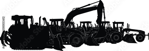Heavy construction machinery silhouettes set excavator bulldozer loader grader industrial equipment vehicles collection vector illustration isolated on white background