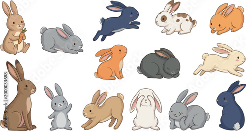 Cute bunny rabbit character vector set with different poses for kids illustration and Easter design.