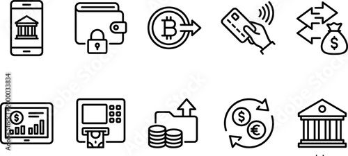 Digital banking and financial services outline icon set for fintech app and online payment interface.