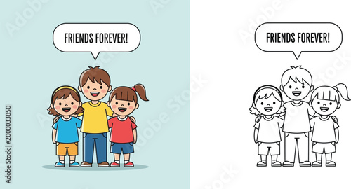 Happy Best Friends Kids Hugging with Friends Forever Speech Bubble - Colored and Line Art Vector Illustration Set for Children Coloring Page and Friendship Concept