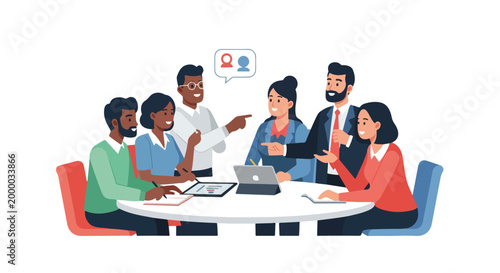 A diverse group of professional colleagues collaborates effectively during a productive team meeting around a white circular table.