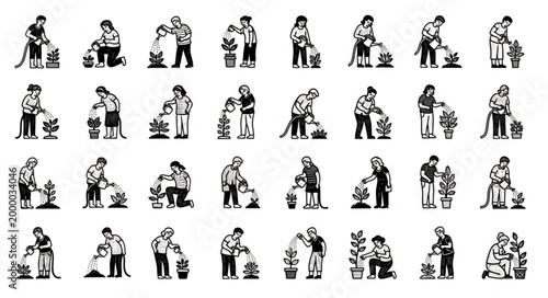 Gardening illustrations of people planting and watering plants.