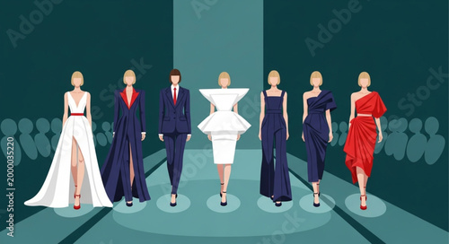 Fashion models walking on runway during a show.