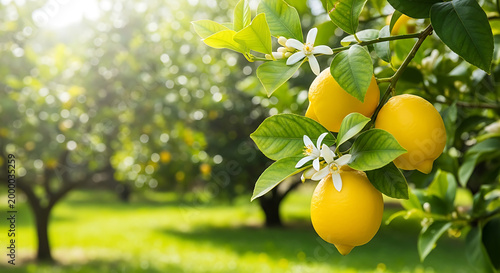 Lemons hanging from tree branch with green leaves and white flowers in sunny orchard transparent background