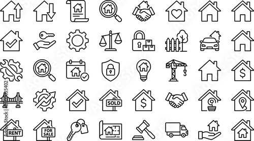 Real Estate and Property Management Outline Icon Set for Housing Business and Investment Applications