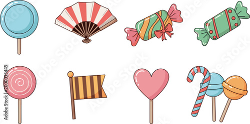 Vintage Cute Candy and Sweet Icon Set with Lollipop, Heart, Fan, Flag, and Candy Cane for Retro Dessert Design