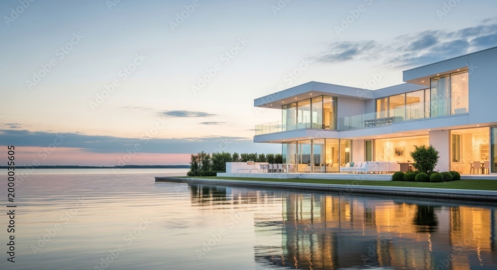 Fototapeta premium Modern house by calm water.