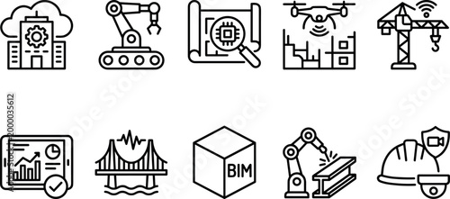 Construction and Industrial Technology Outline Icon Set Featuring Robotics Automation BIM Cloud Engineering Analytics Bridge Infrastructure Crane System Icons for SaaS Dashboard UI Web and App Design