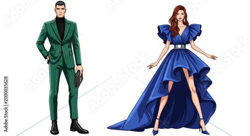 Fashion illustration of a stylish man and woman in elegant attire.