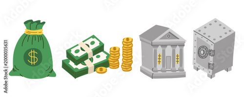Banking and finance icon set. Hand drawn money bag, cash stacks, gold coins, bank building, and safe vault on white. Vector illustration