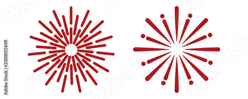 Red fireworks starburst set isolated on white. Abstract sunburst or firecracker sparkle icons for Chinese New Year and festive celebration. Vector illustration