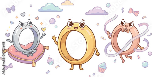 Cute Kawaii Wedding Ring Characters with Gold Silver and Rose Gold Bands for Anniversary Celebration