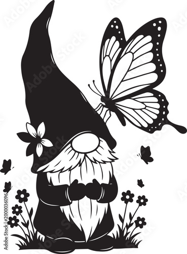 Black silhouette gnome with butterfly and flowers, Generative Ai