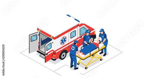 Paramedics carefully transfer a patient onto a stretcher next to an open ambulance, illustrating emergency medical services.