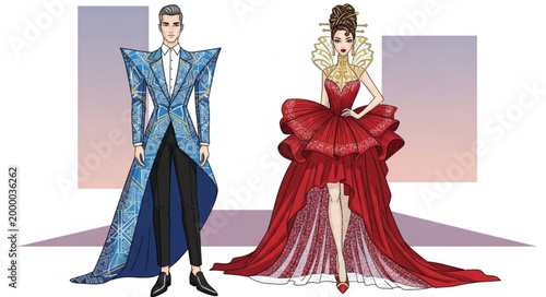 Fashion illustration of two models in avant-garde outfits.